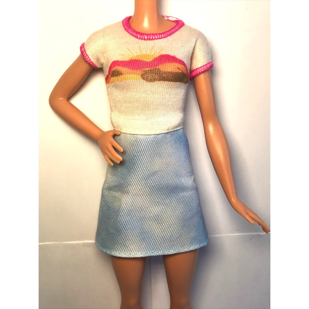 Barbie Doll Clothing 2022 Vacation Dress Denim Skirt White Top Car Horizon Print